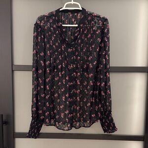 Free People Black Blouse with Pink Floral Design